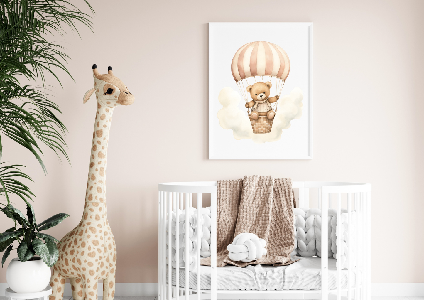 Wall poster for baby room decor featuring a teddy bear in a hot air balloon, DIN A4 size.