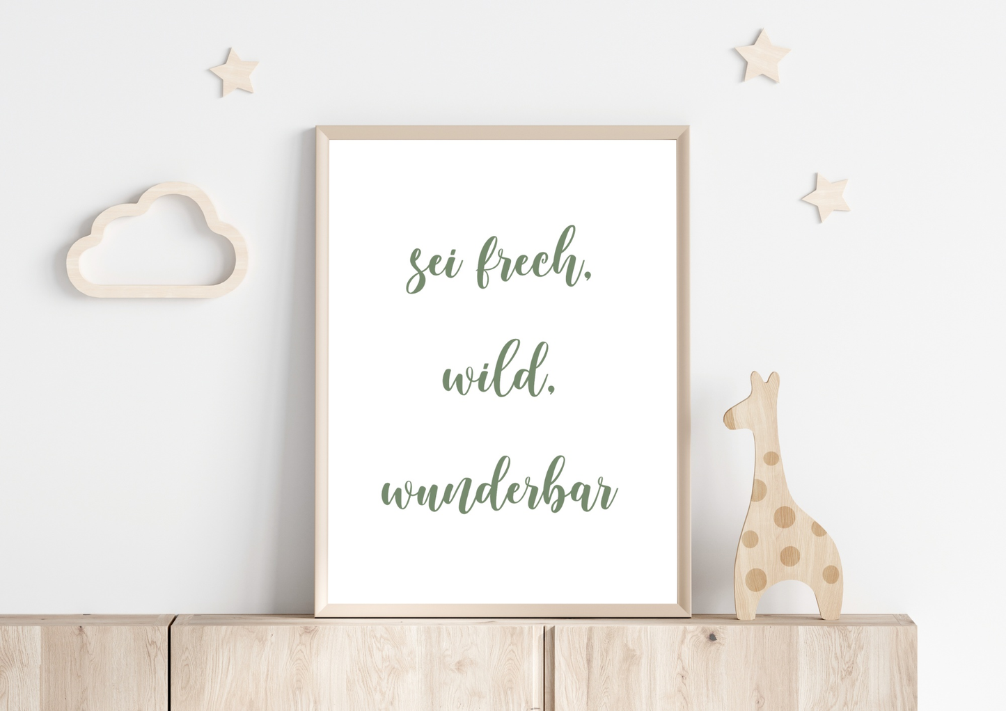 Poster for baby room decoration with inspirational quote in wooden frame, featuring cloud and stars decor elements.