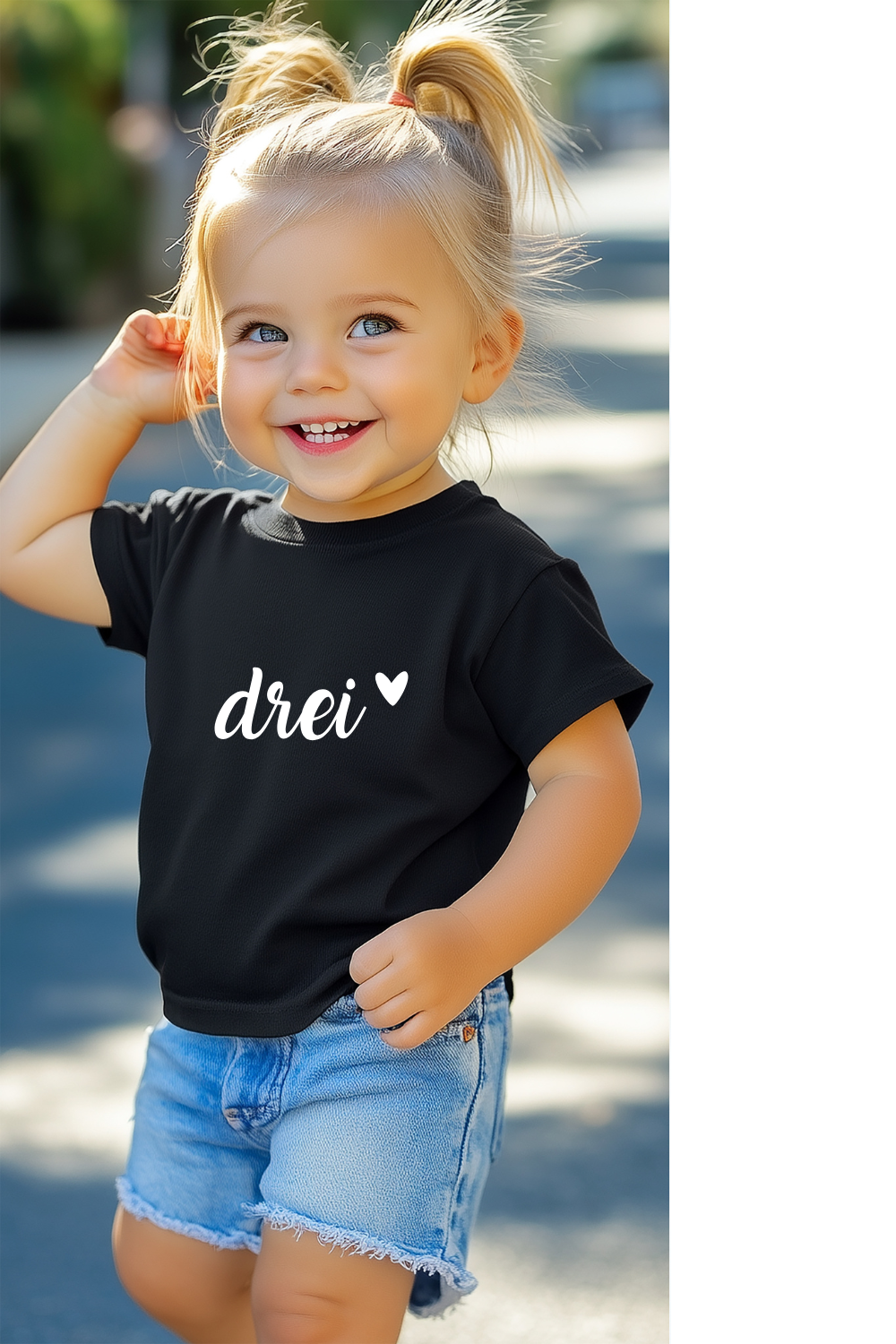 Kleinkind in schwarzem "drei" T-Shirt, perfektes Geburtstagsoutfit, lächelnd und stilvoll.