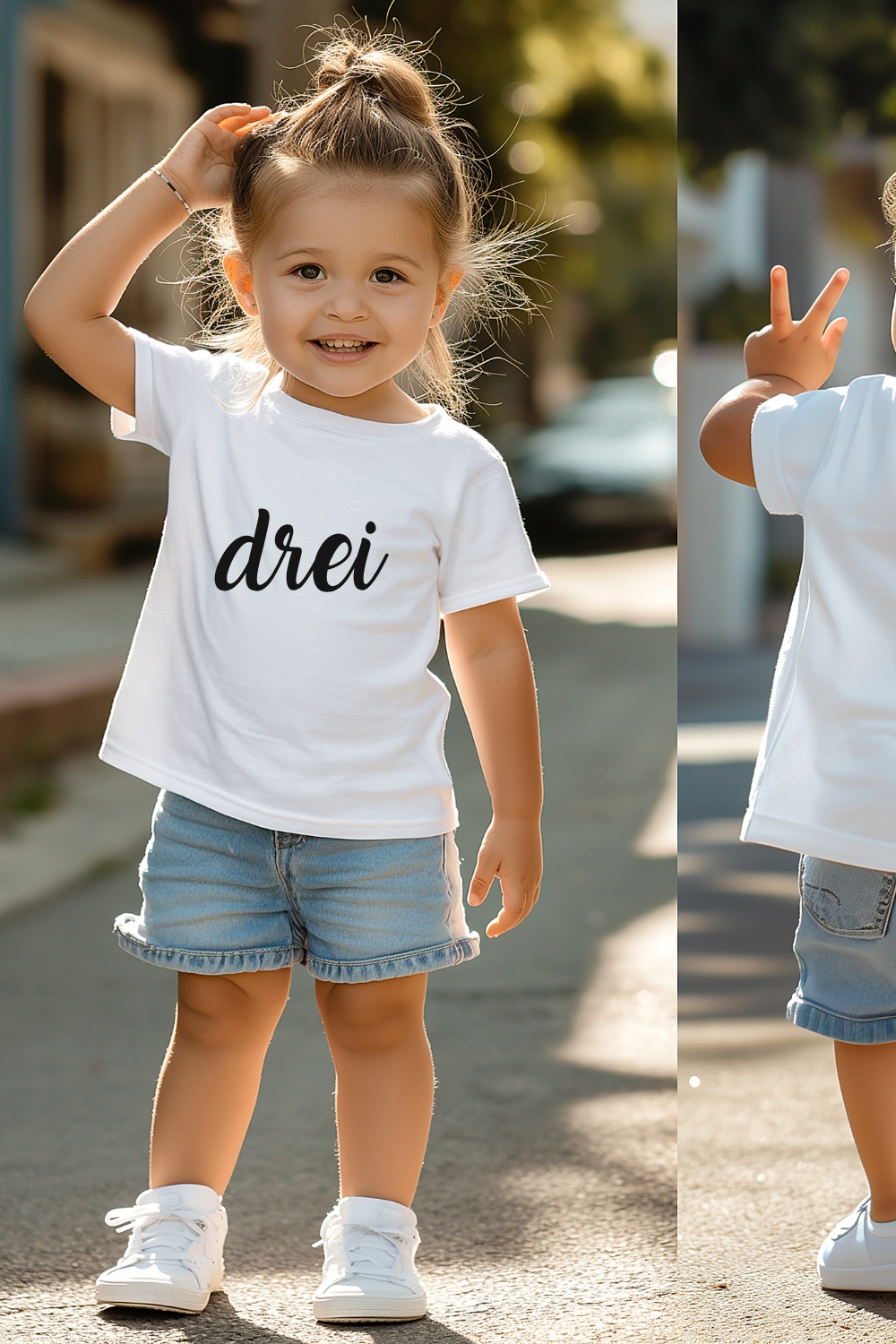 Kinder in einem Geburtstag T-Shirt mit dem Aufdruck "drei", draußen spazierend, tragen Shorts und Sneaker.