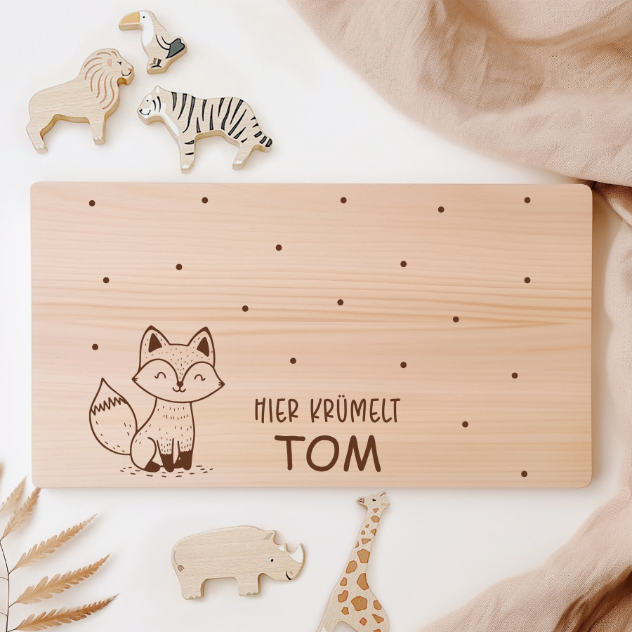 Kinder-Frühstücksbrettchen mit Fuchs- und Punktdesign.