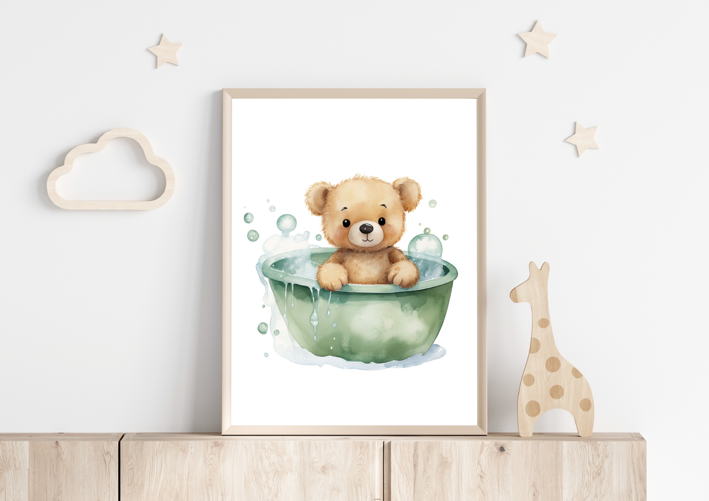 Cute bear in a bath poster for baby nursery decor, DIN A4 size, perfect for creating an inspiring children's room.
