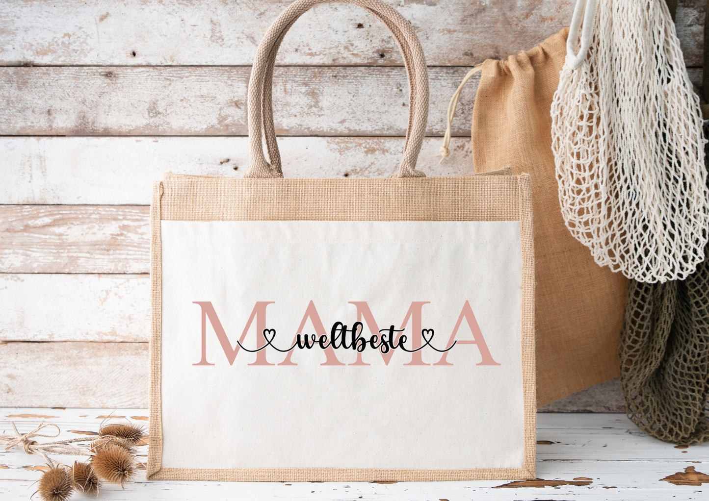 Personalisierte nachhaltige Jutetasche als Einkaufsshopper mit individuellem Design