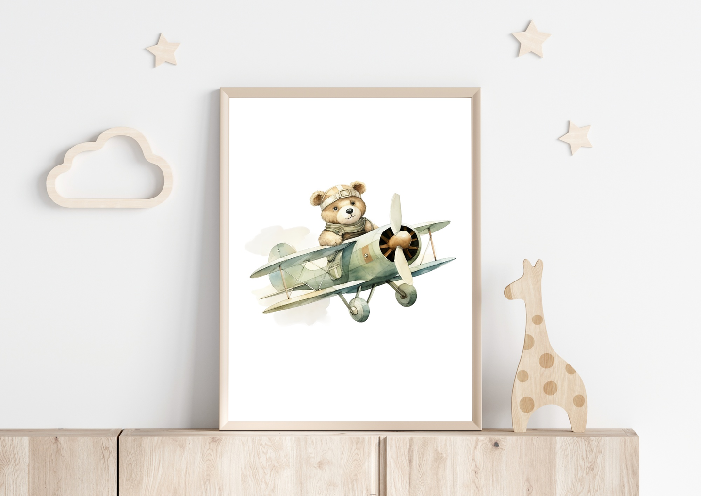 Decorative A4 poster featuring a teddy bear piloting an airplane, ideal for children's room decor.