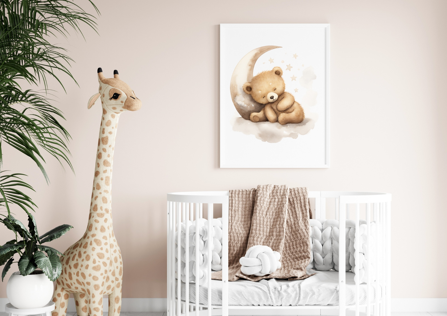 Baby room decor poster with teddy bear design in A4 size above a crib.