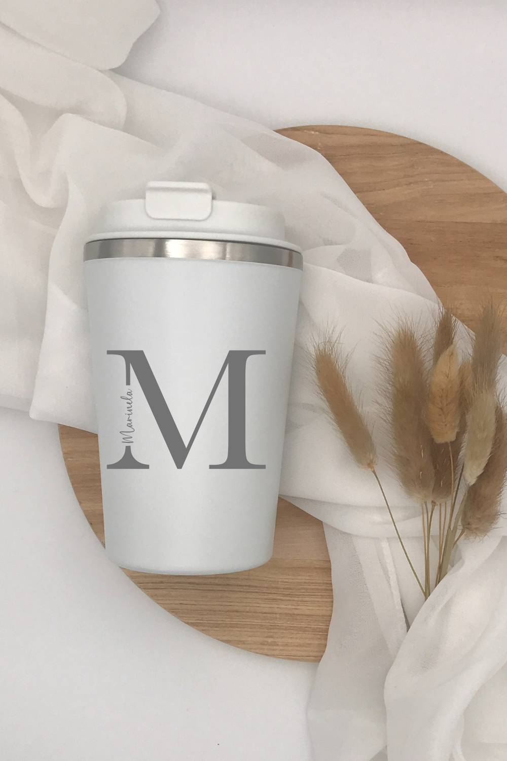 doppelwandiger Thermobecher mit Gravur, isoliert Edelstahlbecher, 350 ml, personalisiert, auslaufsicherer PP-Deckel