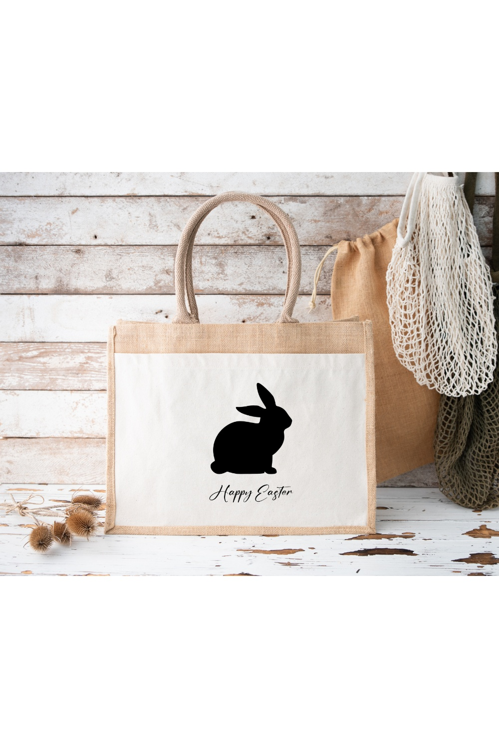 Eco-friendly personalized jute bag with Easter bunny design, perfect for shopping and daily use.