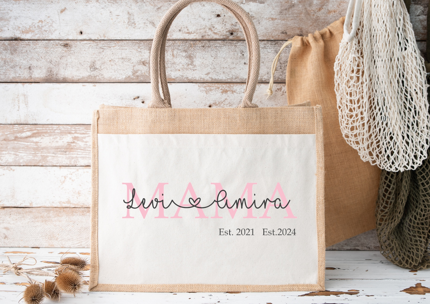 Personalisierte nachhaltige Jutetasche mit individuellem Design als Einkaufsshopper