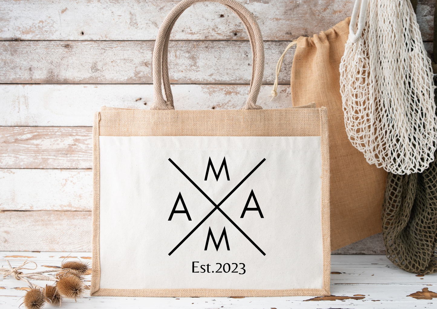 Personalisierte Jutetasche mit Mama-Design, nachhaltiger Shopper.