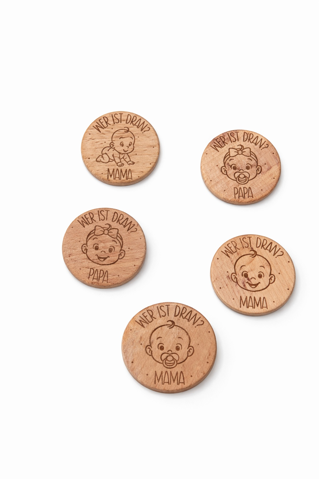 Babygeschenk Holz Münze "Wer ist dran?" für Mama oder Papa zur Entscheidung im Babyalltag