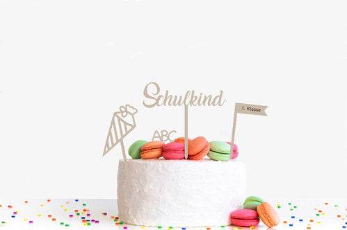 Caketopper Einschulung aus 4 Teilen aus Pappelsperrholz zur Dekoration von Schulkind-Torten
