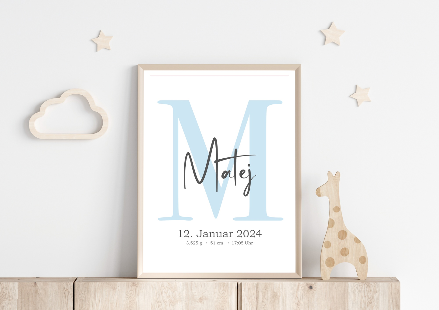 Poster for children's room displaying personalized birth details, with large initial and name, printed on DIN A4 paper.