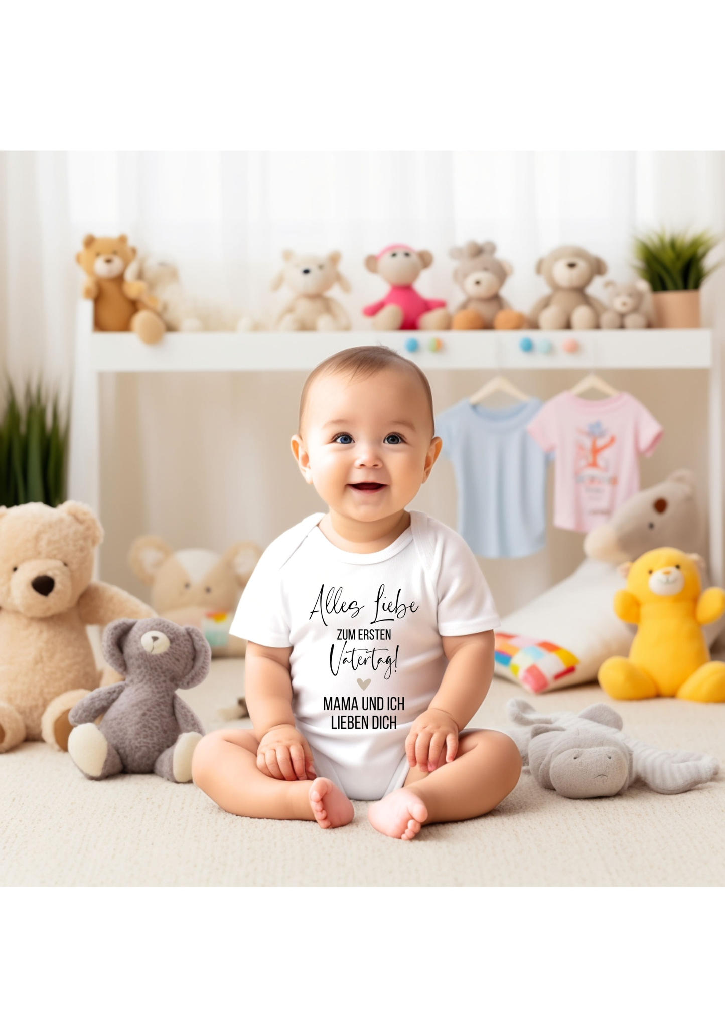 Baby in cozy babybody surrounded by plush toys, showcasing comfort and cute design.