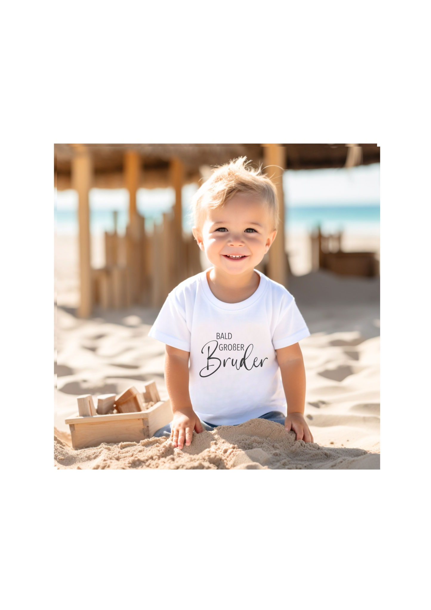 Toddler wearing a "Bald Großer Bruder" T-shirt on the beach.