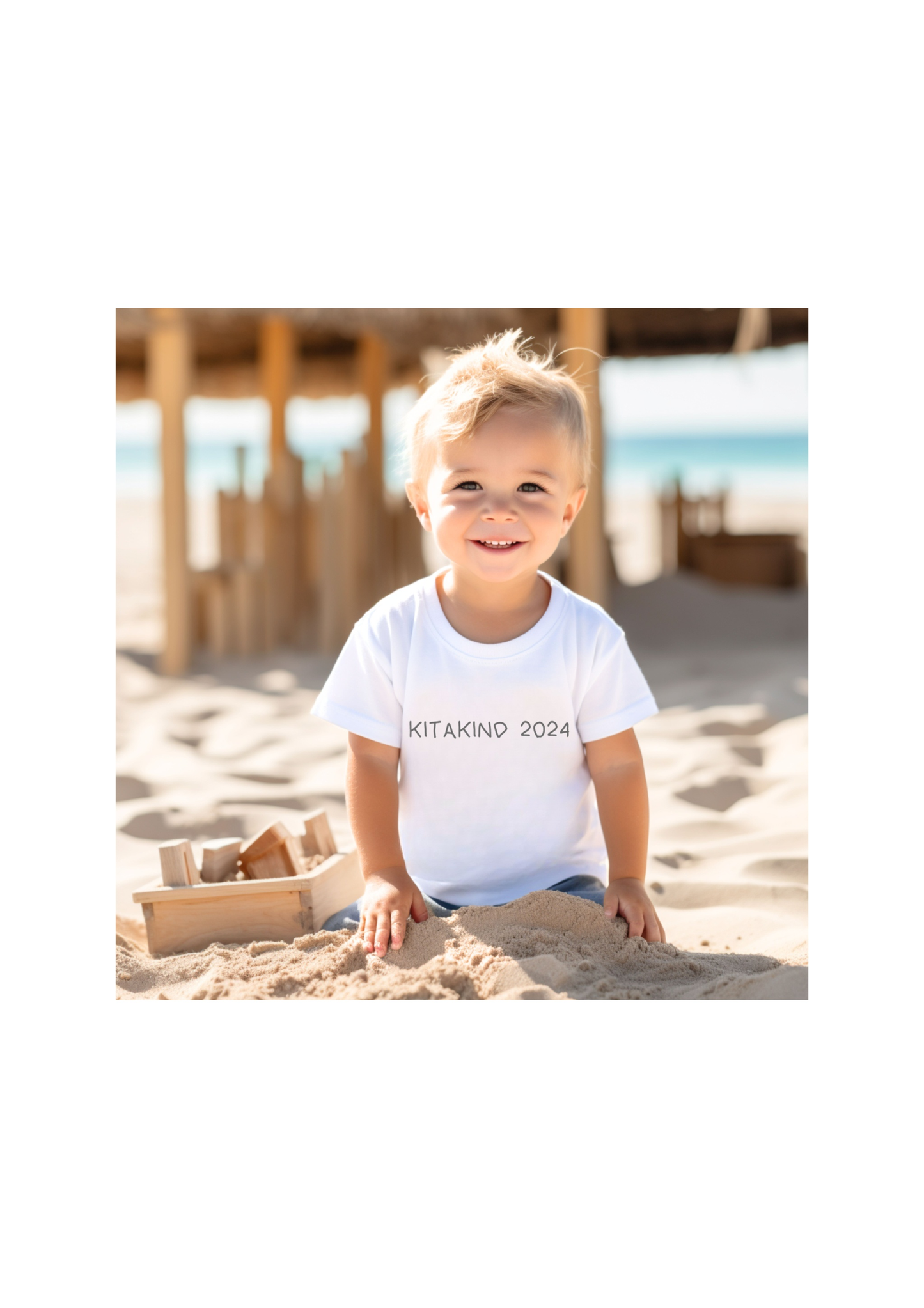Junge im "Kindergarten T-Shirts"-Outfit, sitzt glücklich am Strand.