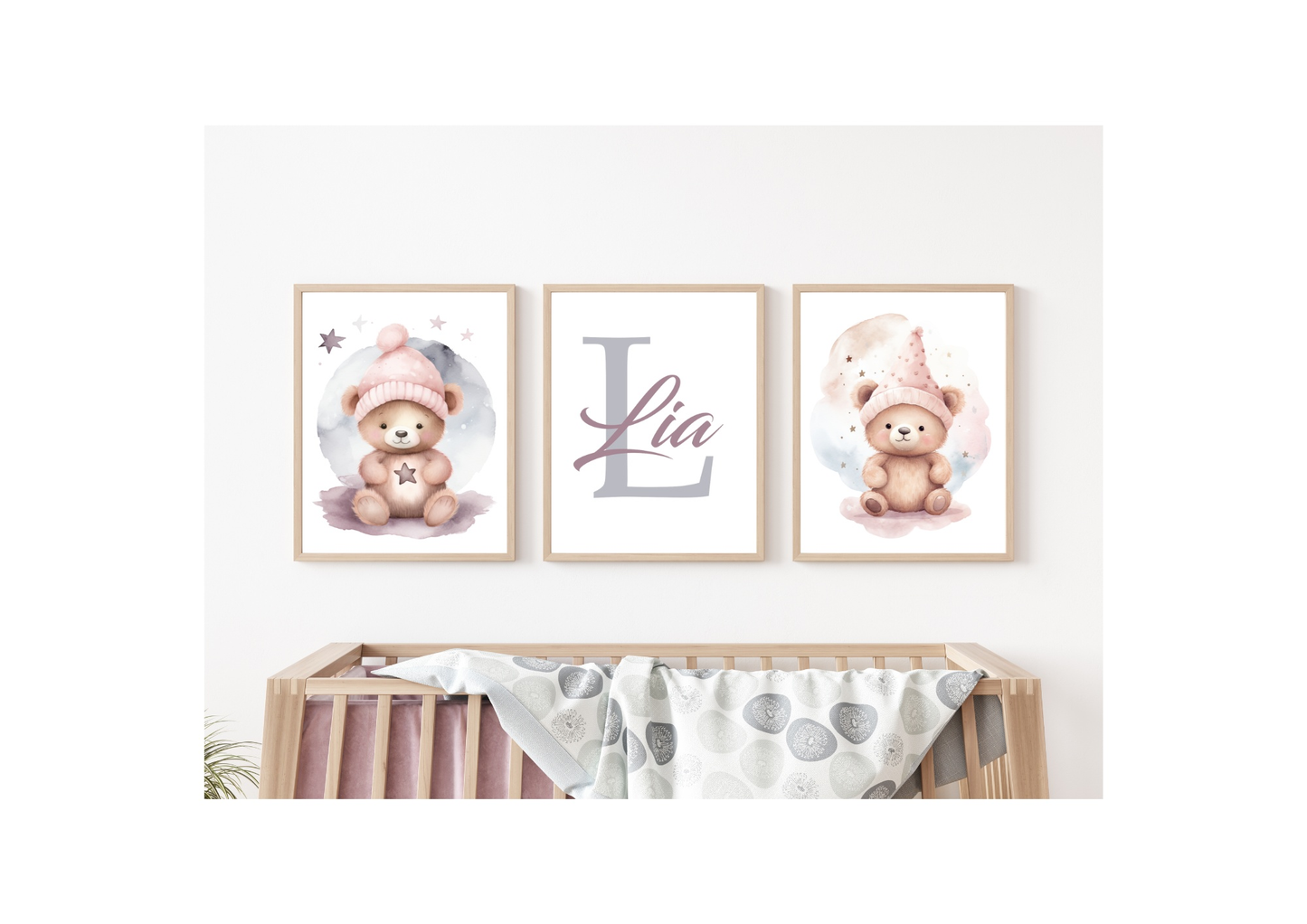 3-piece poster set for baby room decoration, featuring cute teddy bears and personalized letter design, in DIN A4 size.