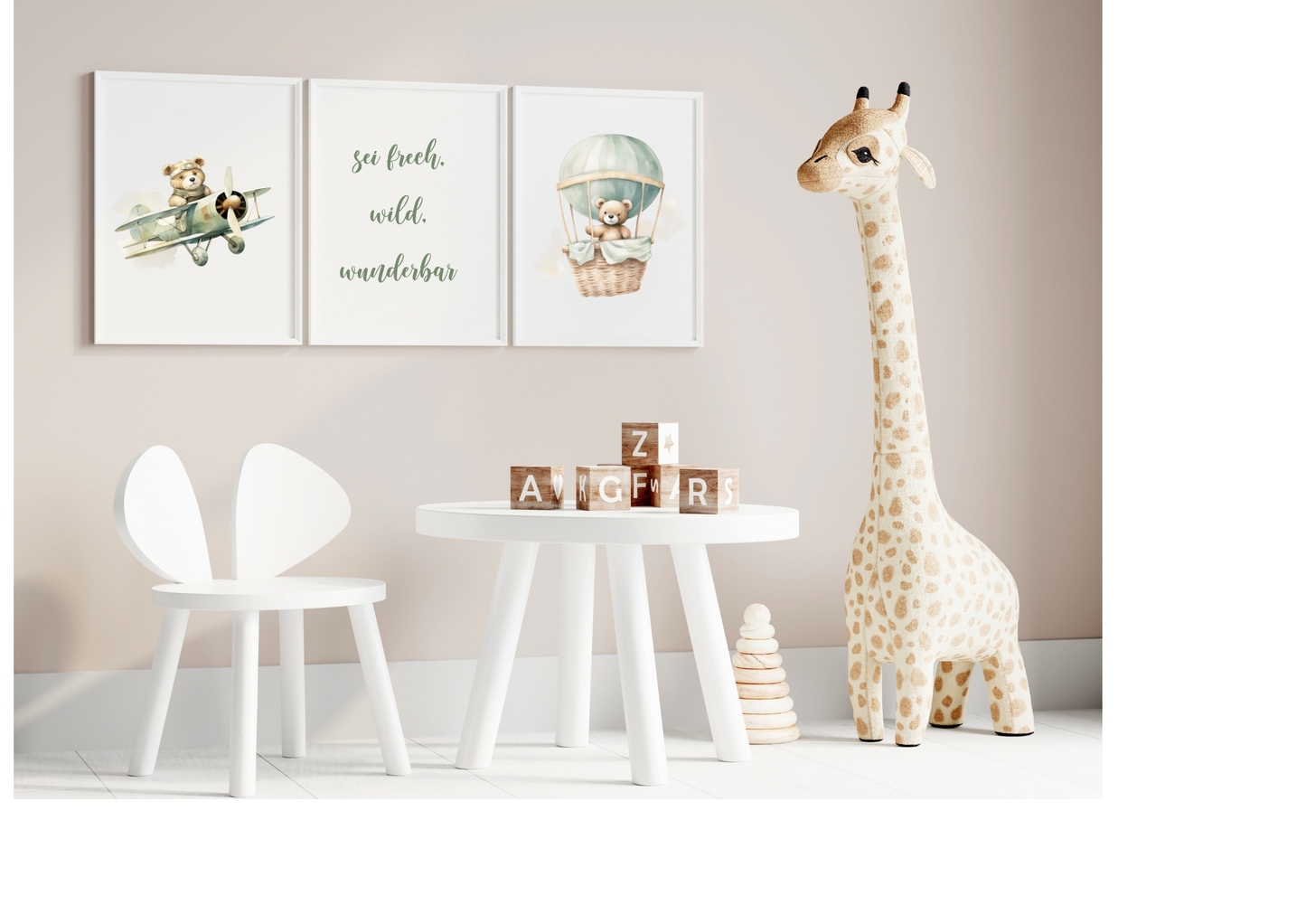 3-piece poster set for baby room featuring cute animal designs, including a bear in an airplane and hot air balloon, with motivational text.