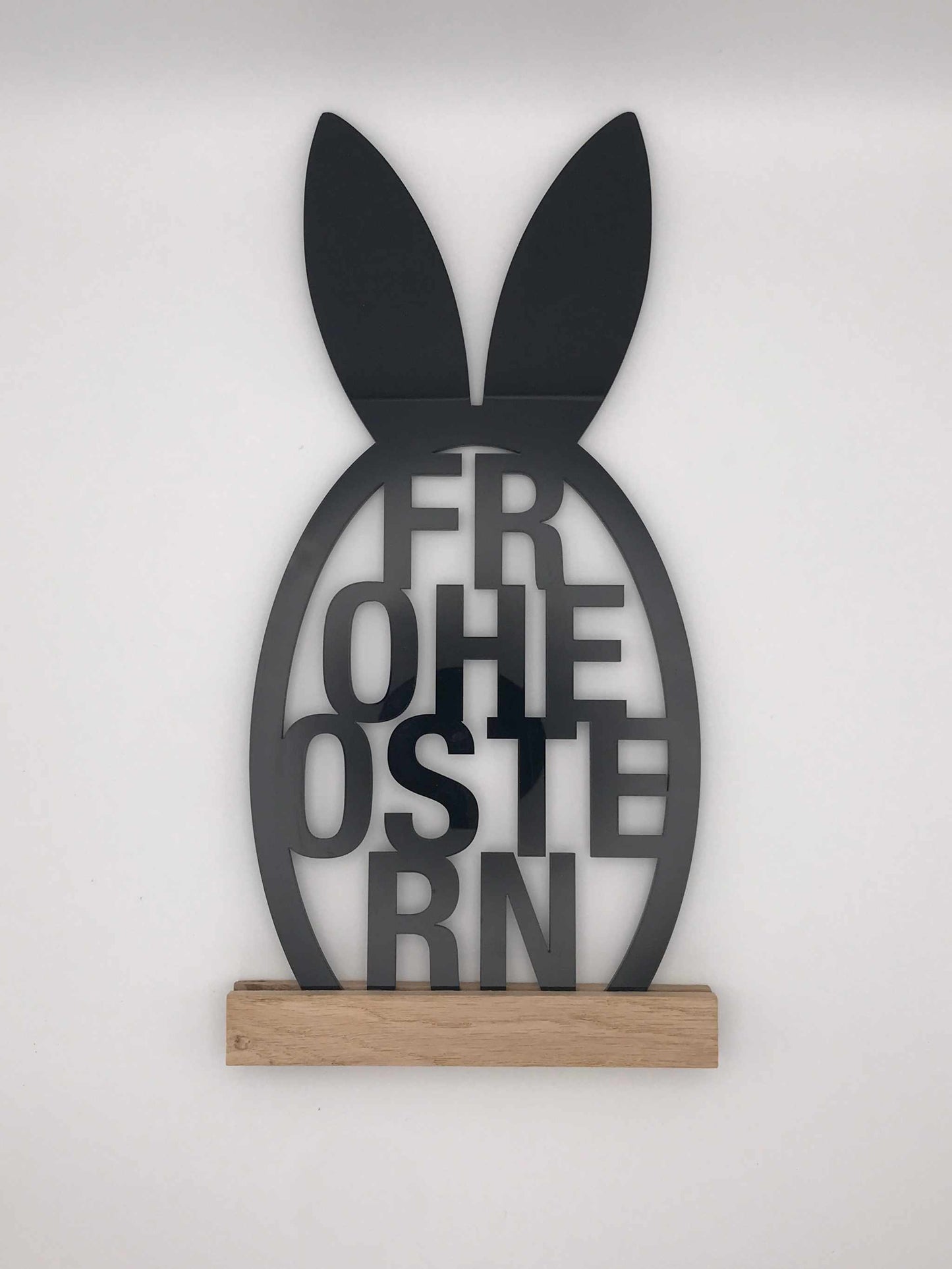 Osterdekoration "Frohe Ostern" aus Acryl und Holzklötzchen, modernes Design, 33 cm hoch.
