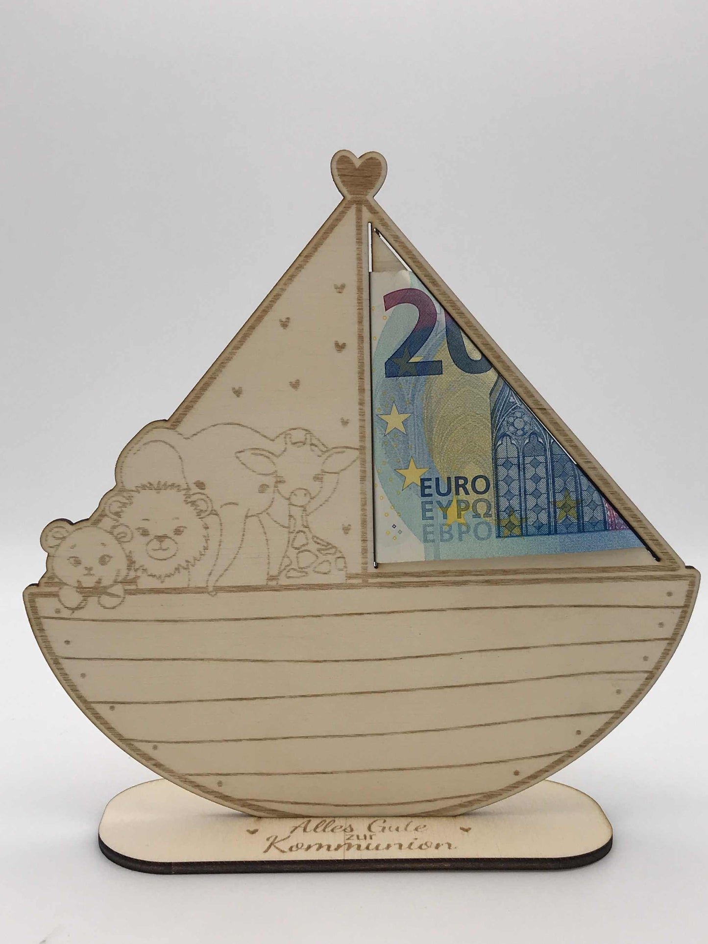 Geldgeschenk aus Sperrholz in Form eines Bootes für Taufe, Kommunion, Firmung und Konfirmation.