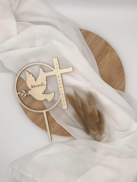 Caketopper for Taufe, Kommunion, Firmung, Konfirmation in natural wood with dove and cross design.