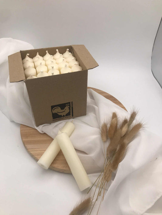 weiße Stabkerzen 10 cm lang 22 mm Durchmesser im Karton umweltfreundliche deutsche Kerzen
