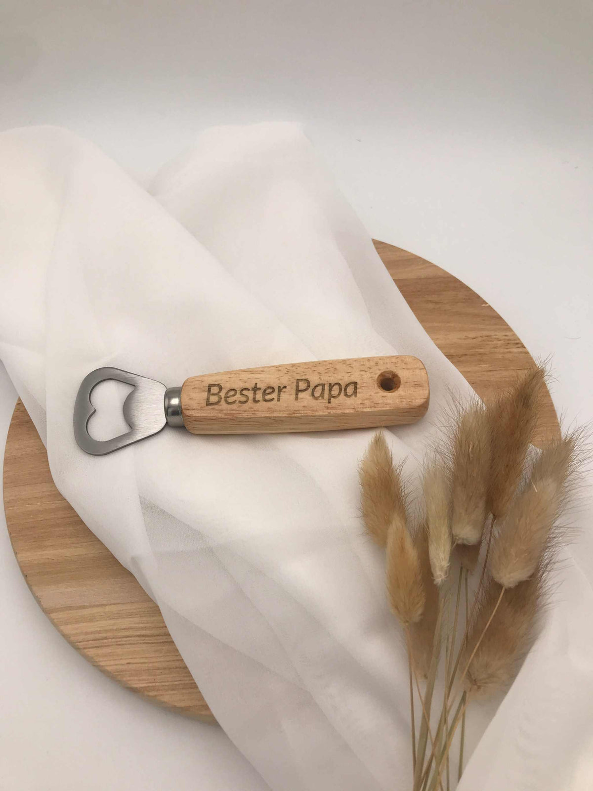 Flaschenöffner aus Eichenholz mit Lasergravur "Bester Papa" oder "Bester Opa" und Edelstahlöffner