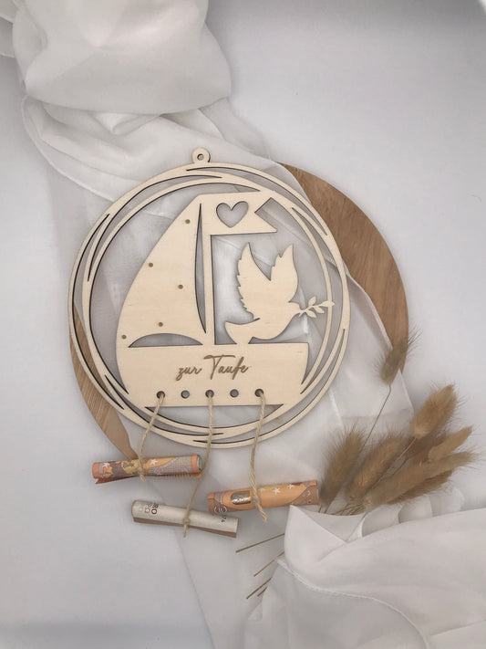 Creative wooden gift decoration for baptism, featuring sailboat and dove design.