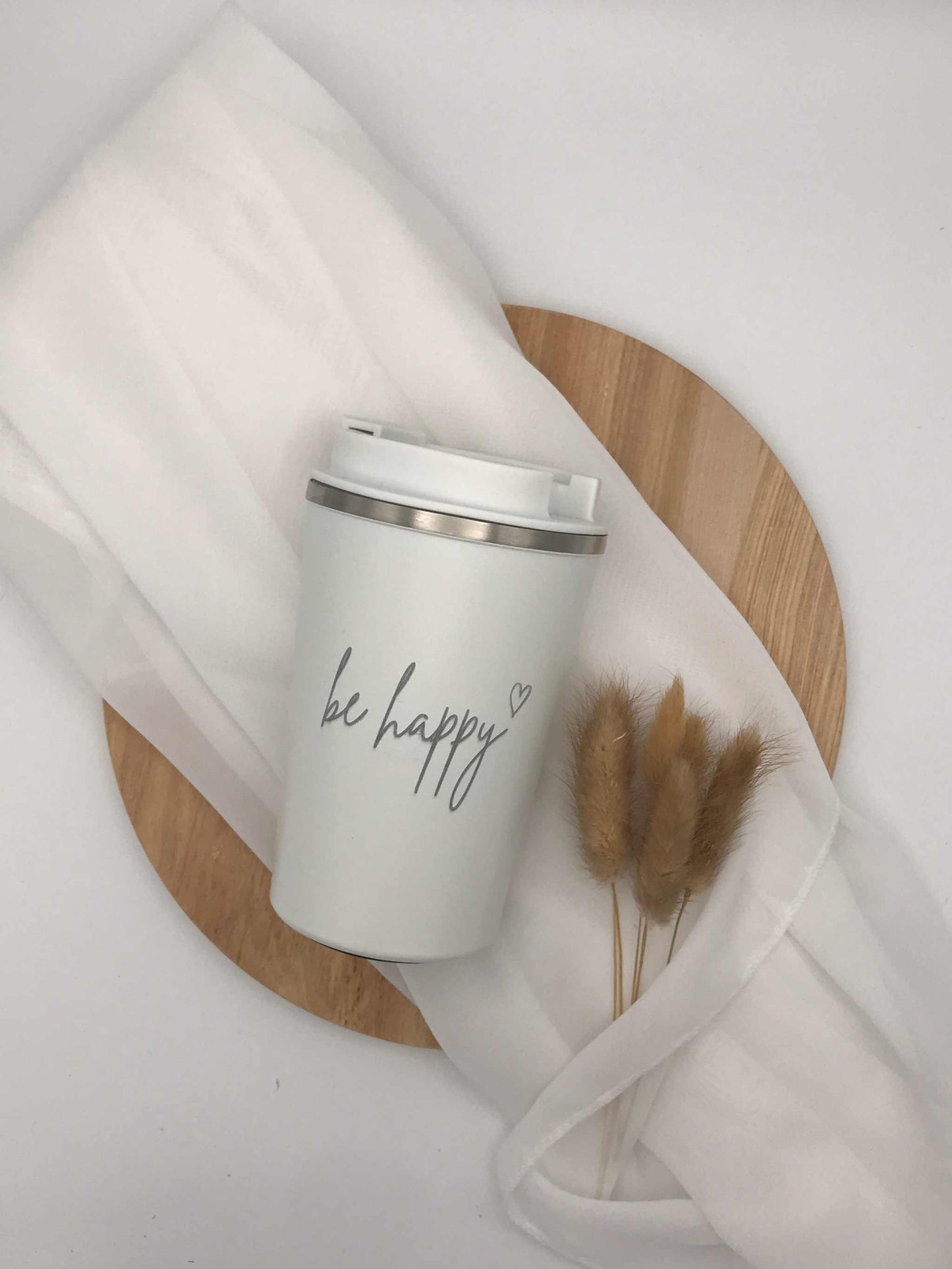 Doppelwandiger Thermobecher / Edelstahlbecher mit Gravur – "be happy"