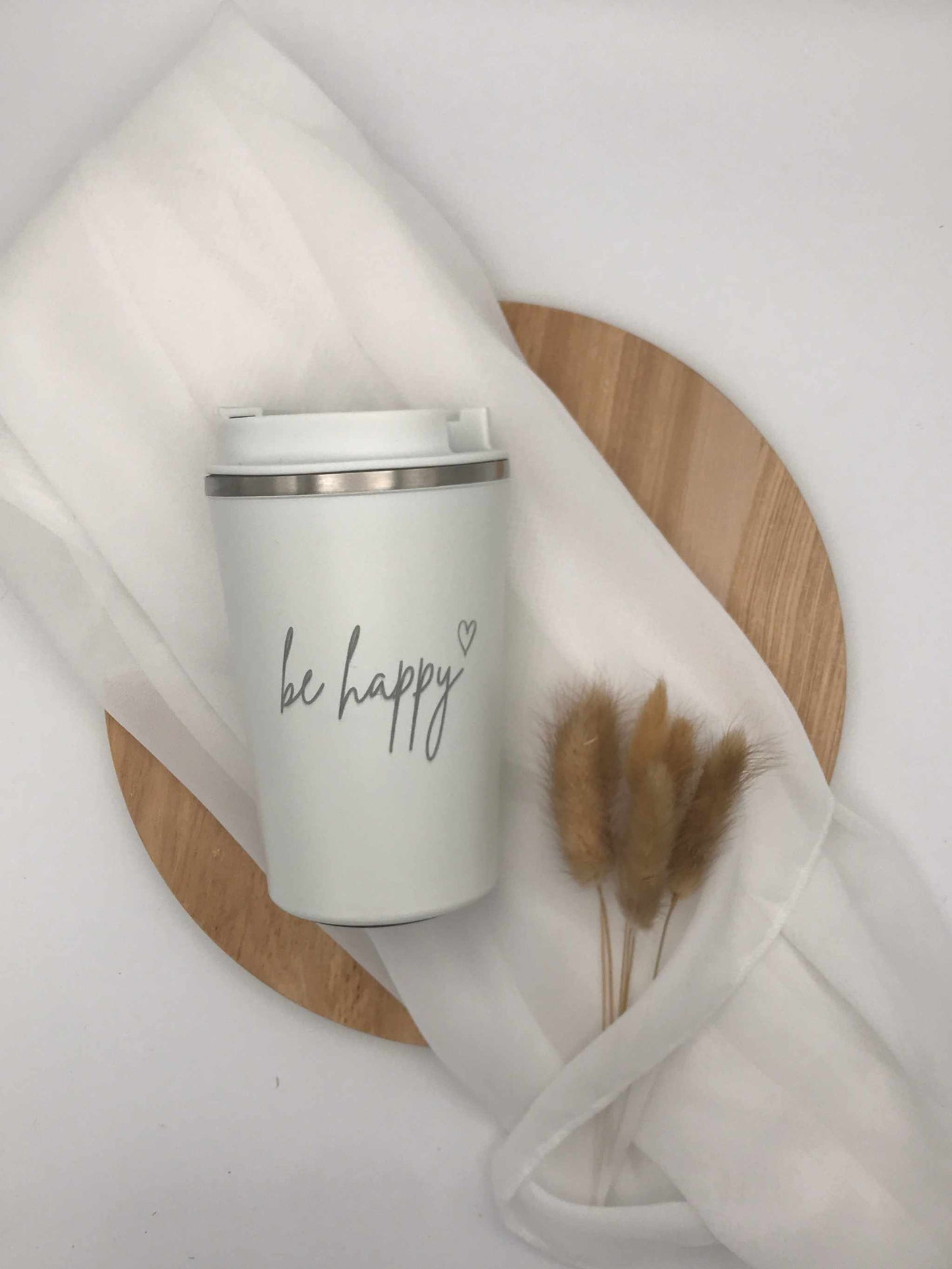 Doppelwandiger Thermobecher / Edelstahlbecher mit Gravur – "be happy"