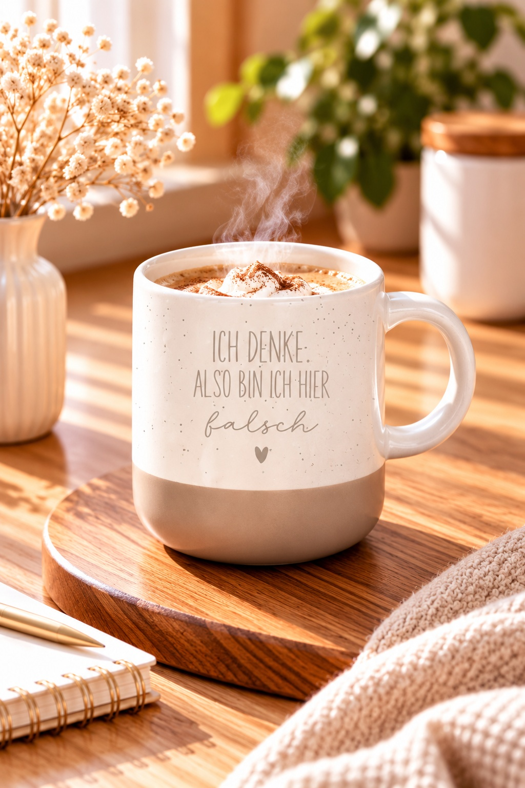 Tasse aus beiger Keramik mit braunem Farbverlauf und dem Spruch „Ich denke, also bin ich hier“ samt Herz
