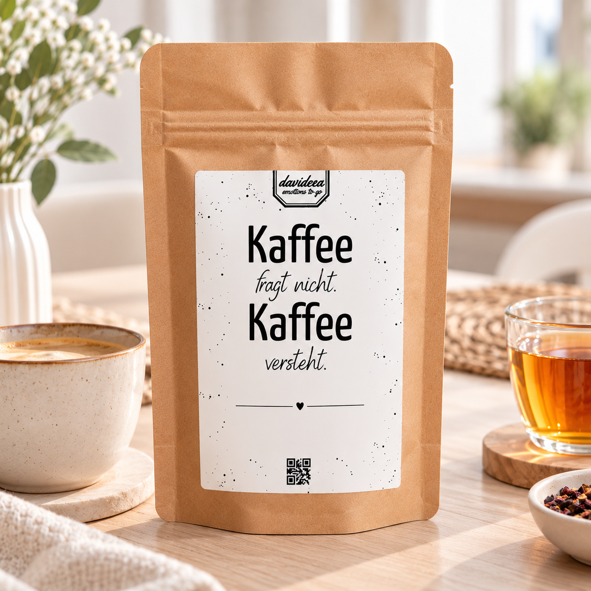 Weihnachtsgeschenk Kaffee Tee: Braune Kraftpapiertüte mit weißem Sprücheetikett „Kaffee fragt nicht. Kaffee versteht.“