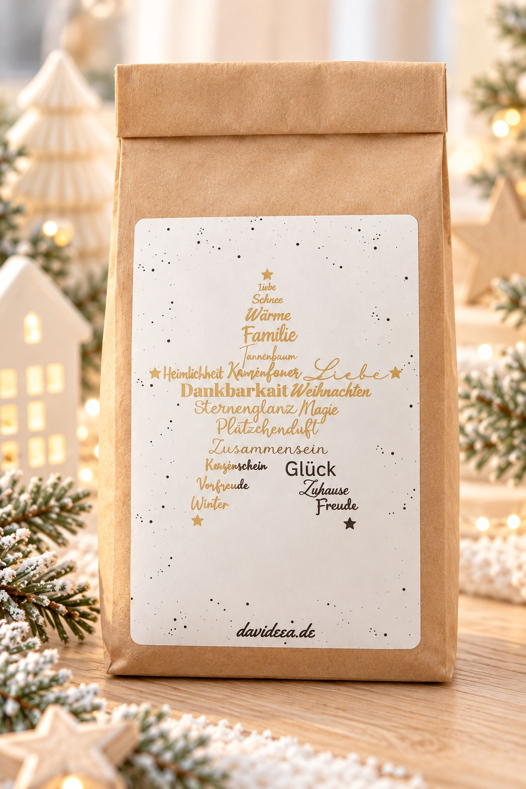 Weihnachtsgeschenk Kaffee Tee in einer braunen Papiertüte mit hellem, gesprenkeltem Etikett und goldener Weihnachtsschrift