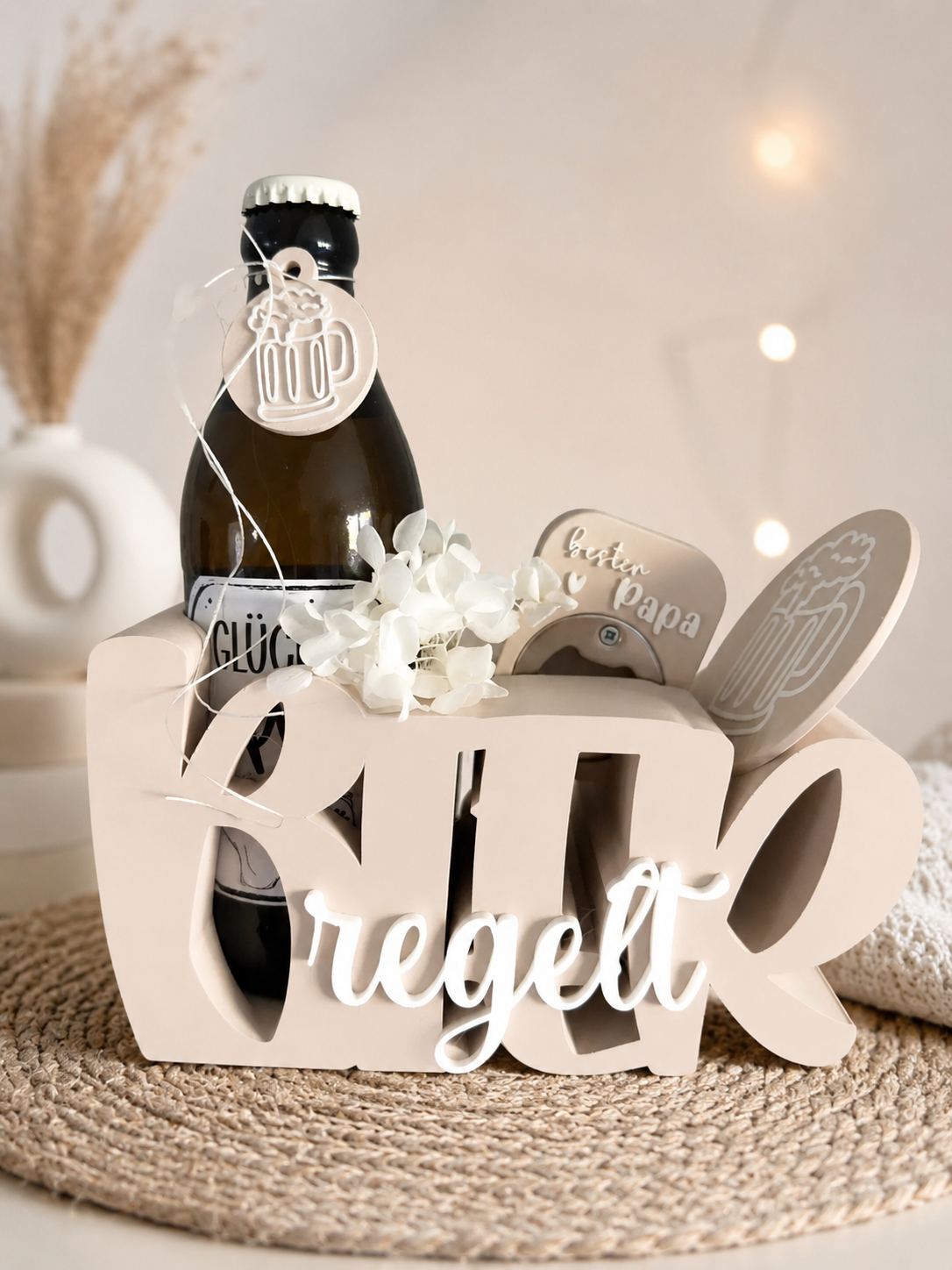 Originelles Geschenkset für Papa mit 3D-gedrucktem Bierhalter und Zubehör ideal zur Hochzeit