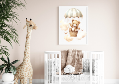 Baby nursery poster with teddy bear in hot air balloon on pastel wall above crib.
