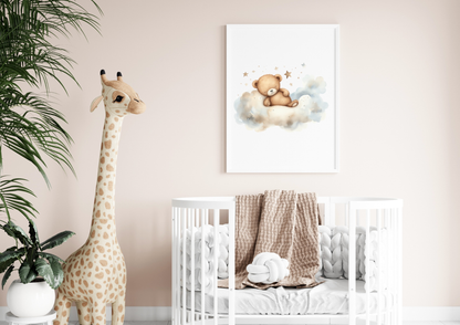 Nursery poster with a teddy bear on clouds above a crib and a plush giraffe.