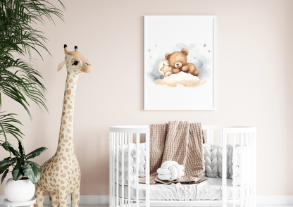 Baby room decoration with teddy bear poster above crib
