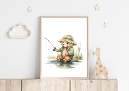 Cute teddy bear fishing wall art poster for baby nursery decor, DIN A4 size.