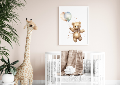 Wandbild im Kinderzimmer mit Teddy und Luftballons, DIN A4 Poster Dekoration.