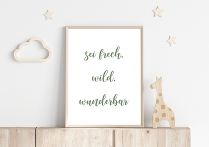 Poster for baby room decoration with inspirational quote in wooden frame, featuring cloud and stars decor elements.