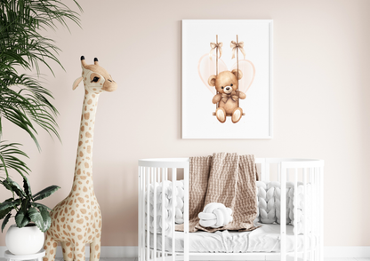 Baby room decorated with teddy bear poster on pink wall, white crib, and stuffed giraffe.