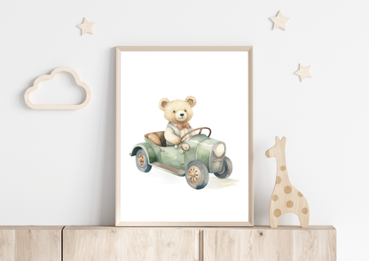 Poster with teddy bear in car for baby nursery decor.