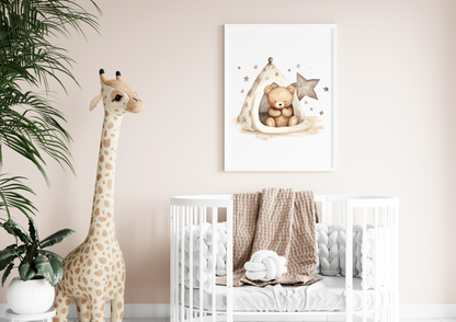 Nursery room with A4 poster featuring an adorable teddy bear in a tent, giraffe plush, and a crib.