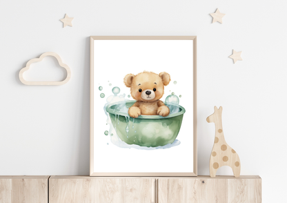 Cute bear in a bath poster for baby nursery decor, DIN A4 size, perfect for creating an inspiring children's room.
