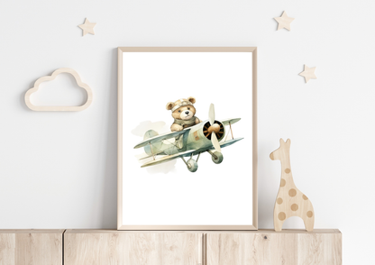 Decorative A4 poster featuring a teddy bear piloting an airplane, ideal for children's room decor.