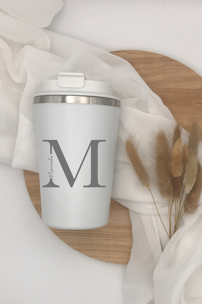 doppelwandiger Thermobecher mit Gravur, isoliert Edelstahlbecher, 350 ml, personalisiert, auslaufsicherer PP-Deckel