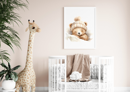 Cute baby panda poster on nursery wall with crib and giraffe decor.