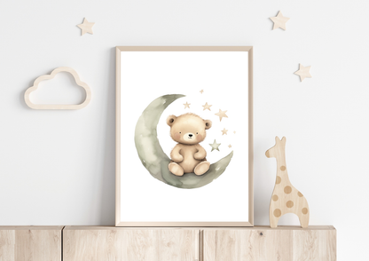Cute teddy bear on moon poster for baby nursery decoration, DIN A4 size, with stars and cloud accents.