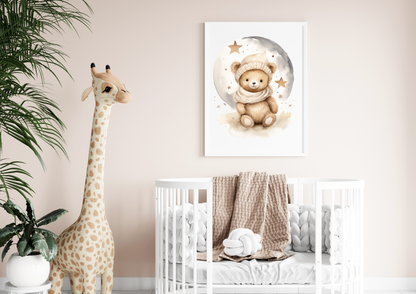 Nursery room with teddy bear poster on wall above crib, featuring soft tones and a giraffe plush for decor.