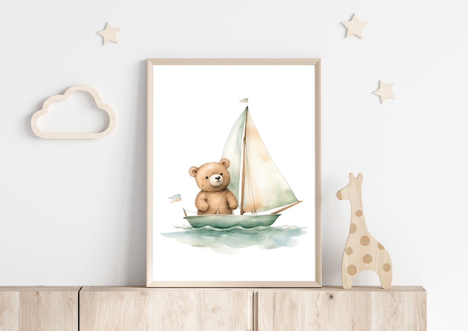 Cute teddy bear sailing poster for baby room decor, printed on high-quality 250g/m² paper, DIN A4 size.
