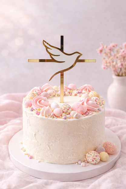 Caketopper mit Kreuz und Taube aus Acryl in Gold, Silber oder Roségold für Taufe, Kommunion und Firmung